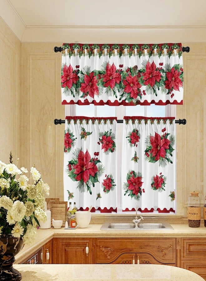 Cuteiush 3Pc Christmas Poinsettia Kitchen Curtain Valances and Tiers Set for Kitchen Bedroom Window Decor, 52x18 & 27x24Inchesx2 Red and Green - Image 5